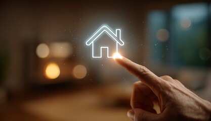 Man pointing his finger at a glowing house icon hologram. Smart home automation and home security concept. Future of residential technology.