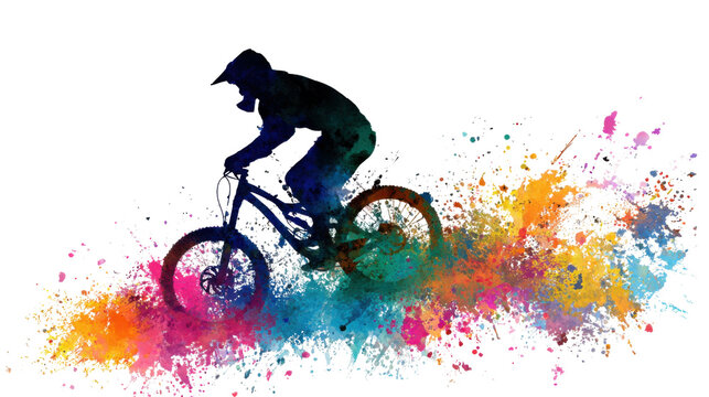 Colorful Ride: A silhouette of a cyclist fearlessly navigates the rugged terrain on a mountain bike, leaving a vibrant trail of colors in their wake. A visual explosion of adrenaline and freedom