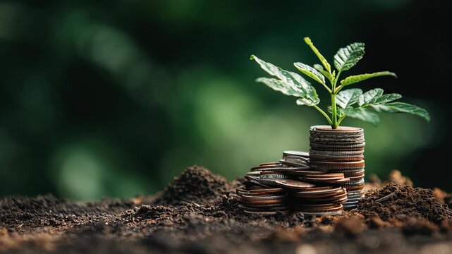 Plant growth on stacked coins in soil symbolizes public finance money and law prosperity