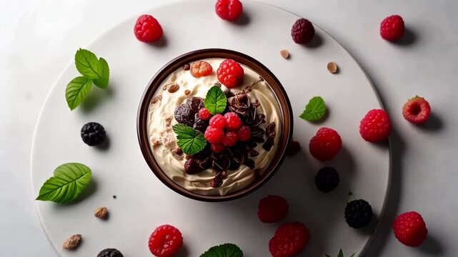 Delicious dessert with fresh berries and mint leaves on elegant white background