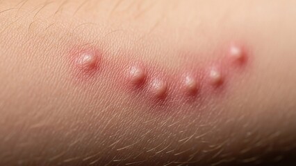 Fototapeta premium Close-animated movie view of a cluster of inflamed pimples on human skin, showing redness and raised pustules with fine hairs.