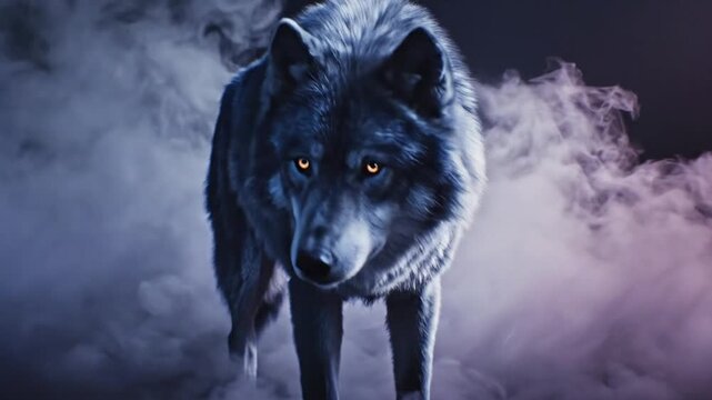 A majestic wolf with piercing eyes emerges from ethereal smoke, exuding power and mystery in a striking low-angle shot