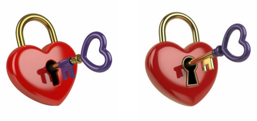 Two shiny red heart shaped padlocks featuring purple heart topped keys unlocking the secrets of love on transparent background