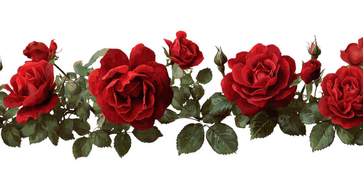 Crimson Blooms: A captivating line of vibrant red roses, each petal bursting with rich color and intricate detail, delicately placed to evoke feelings of love and beauty.