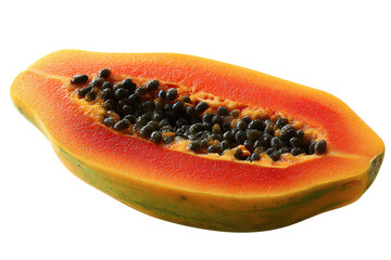 Papaya Slice: Vibrant, appetizing half-cut papaya displaying its juicy orange flesh, contrasted with a cluster of dark, edible seeds. A symbol of tropical abundance and healthy eating.