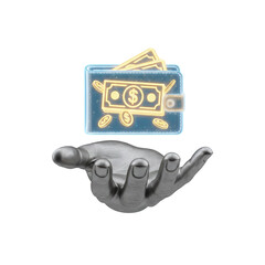 Robotic hand holding glowing digital wallet with money