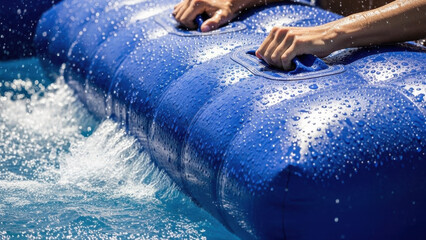 Friends gripping a blue inflatable obstacle in a pool, water splashing as they prepare for a jump under bright sunlight, creating a lively and energetic atmosphere