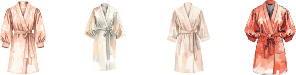 Watercolor Technical flat sketch of women's belted robe with puff sleeves set. Isolated on white background