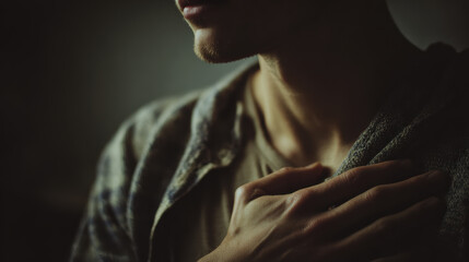 Male hand on chest closeup low light emotion skin neck chin shirt casual texture moody portrait