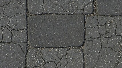 Obraz premium Cracked asphalt pavement texture with visible aggregate and fine gravel filling the gaps between worn rectangular blocks.