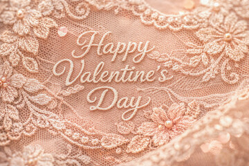 Valentine’s Day photo showcasing delicate lace fabric with embroidered “Happy Valentine’s Day” text in soft pastel tones, evoking elegance, intimacy, and romance for wedding themes, greeting cards