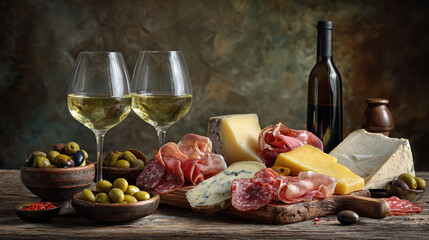 Elegant Still Life with White Wine, Blue Cheese, Salami and Olives on a Wooden Board.