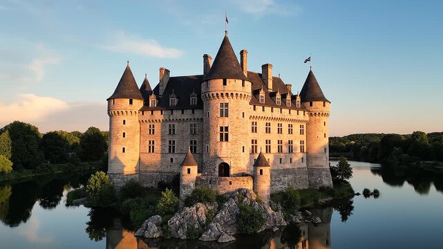 Aerial View of the Stunning Chateau de Sully-sur-Loire Reflecting in Tranquil Waters