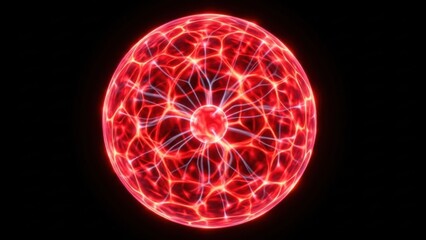 A bright red energy sphere with a complex web of glowing lines against a black backdrop.