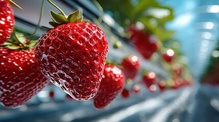 A futuristic greenhouse with tuned light wavelengths for optimized plant growth.