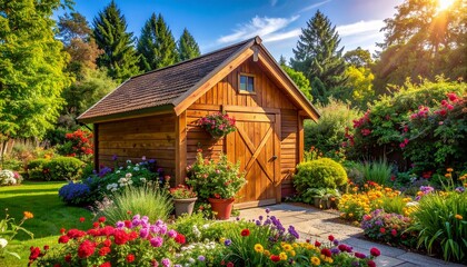 Fototapeta premium A picturesque digital illustration of a small wooden garden shed surrounded by a lush, colorful garden. The shed features a pitched roof, a single door, and flower boxes filled with blooming plants at