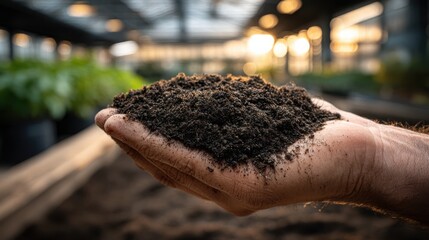 A hand holding rich dark soil full of organic matter for gardening or agriculture.