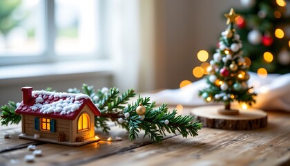 Cozy Holiday Scene with Miniature Snowy Tree and Cottage