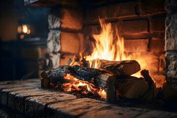 A cozy indoor fireplace burning steadily, with warm orange and amber flames dancing over