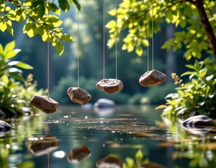 Floating Rocks Serenity Sunlit Nature Scene