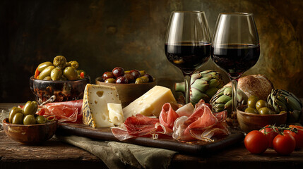 Rustic Italian Appetizer Spread with Red Wine, Prosciutto, Artichokes and Aged Cheese.