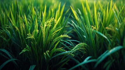 A vibrant rice paddy designed to reduce methane emissions in agriculture.