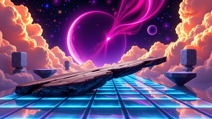 Mystical Floating Platforms Cosmic Nebula Scene