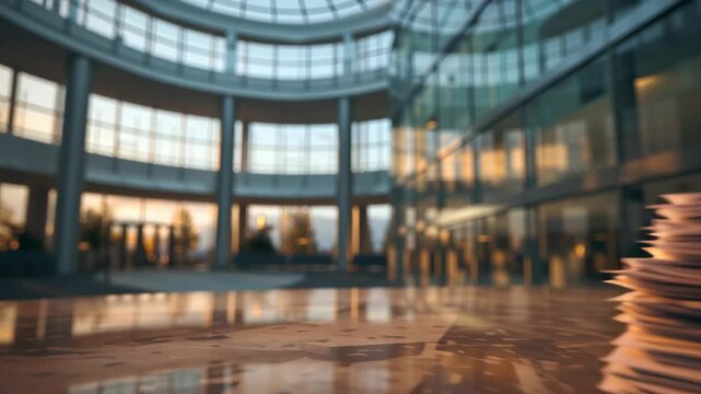 Stack of paper and document table modern office building with glass dome ceiling public finance law