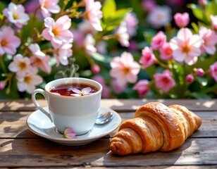 Cozy Morning with Herbal Tea and Croissant Garden Setting
