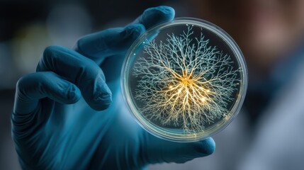 A researcher holds a petri dish showcasing bioluminescent organisms in a lab setting.