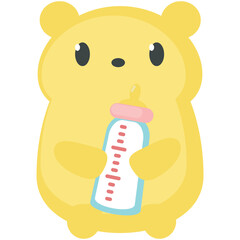 Teddy bear vector holding baby milk bottle with nipple. Cute toy icon for invitation. Newborn child shower party celebration accessory isolated on white background