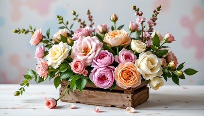 Pastel Flower Arrangement Rustic Wooden Crate