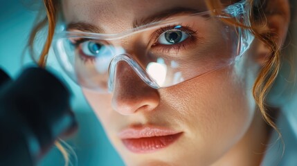 A scientist wearing protective eyewear conducts laser diffraction research.