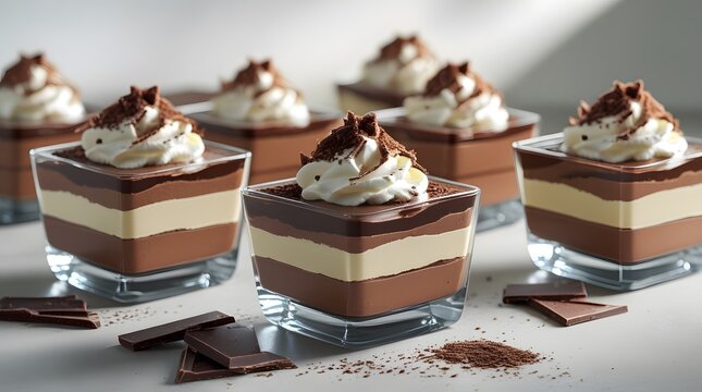 layered chocolate mousse desserts in square transparent cups, with distinct layers of light and dark chocolate, topped with a fluffy whipped cream and chocolate shavings, set against a clean