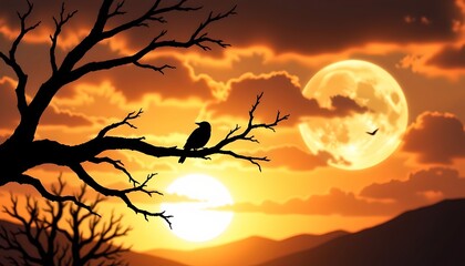 Silhouetted Bird Against Sunset Sky