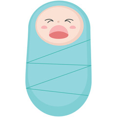 Newborn baby swaddle vector. Infant boy wrapped in blue blanket crying cartoon icon isolated on white background. Child born, birthday, baby shower concept