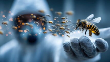 A scientist releases sterile insects while wearing protective gear in a lab setting.
