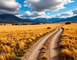 Winding Dirt Trail Through Golden Grassland Under Blue