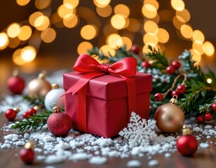 Festive Holiday Gift Scene with Snowflakes and Glittering Lights