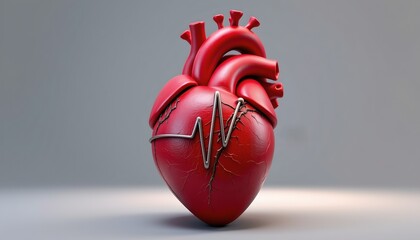 Vibrant Human Heart with Metallic Heartbeat Line Gray Background