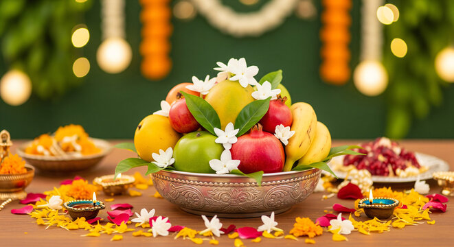 Happy Ugadi Greeting Card Background With Decorated Kalash and mangoes traditional new year festival in karnataka andra paradesh and tamil nadu tamil ... See More