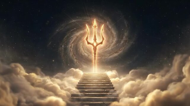 The divine golden trishula of shiva glows brightly above a celestial stairway, honoring shivaratri in a dramatic, ethereal sky.