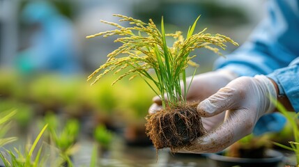Gloved hands transplanting rice seedlings with care in a genetic agricultural setting.