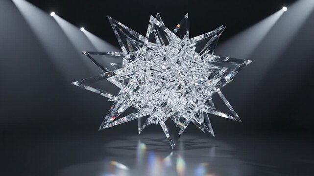 Complex multifaceted clear crystal object under spotlights, displaying vivid light reflections