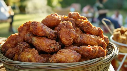 Golden fried chicken wings in a wicker basket for a food concept