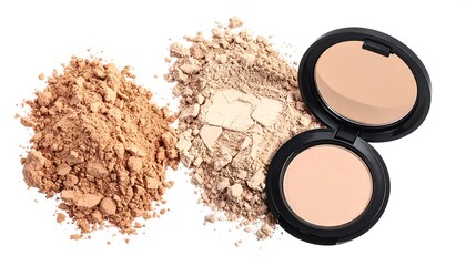 Makeup powder and a compact with neutral tones of tan and beige, isolated on white