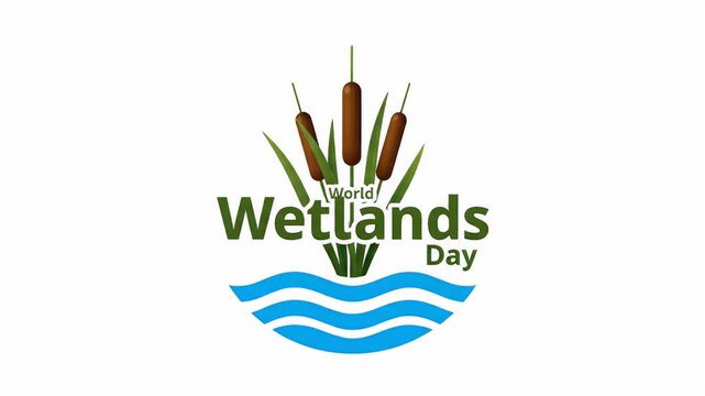 A World Wetlands Day logo illustration with cattails and water waves.