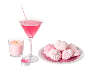 Pink cocktail and heart-shaped meringues on plate with romantic candles isolated on transparent png