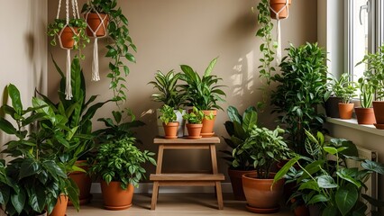 Fototapeta premium A bright and airy indoor plant collection thriving on a wooden stool and shelves, creating a serene botanical haven in a cozy room