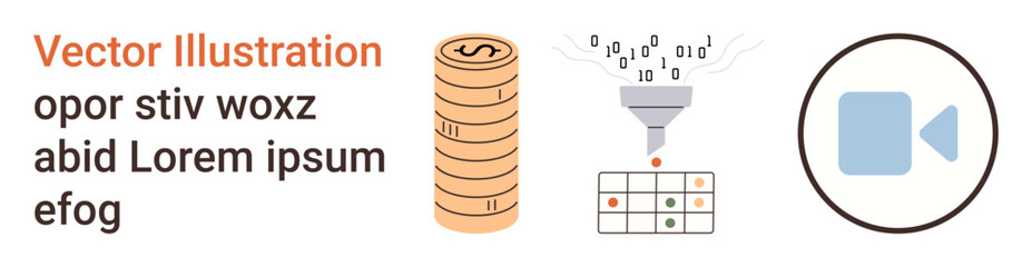 Digital economy, data analysis, cloud storage, fintech, streaming services, big data processing. binary funnel, coins table and video icon. Data analysis and digital economy concept
